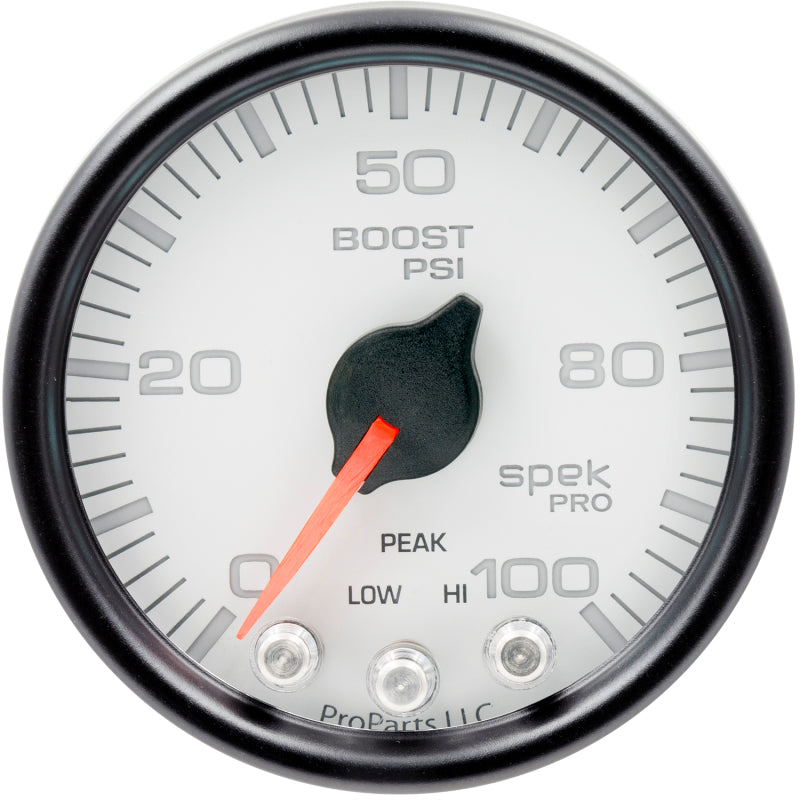 Autometer Spek-Pro Gauge Boost 2 1/16in 100psi Stepper Motor W/Peak & Warn Wht/Blk P30512