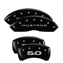 Load image into Gallery viewer, MGP 4 Caliper Covers Engraved Front Mustang Engraved Rear 50 Black finish silver ch - eliteracefab.com