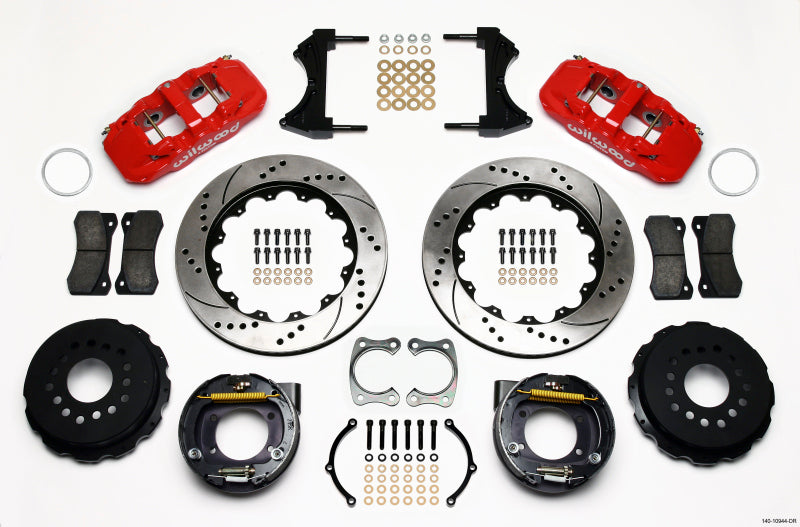 Wilwood AERO4 Rear P-Brake Kit 14.00in Drilled Red Big Ford New Style 2.36in Offset Wilwood