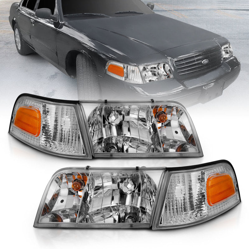 ANZO 1998-2005 Ford Crown Victoria Crystal Headlight Chrome With Bumper Light (OE) - eliteracefab.com