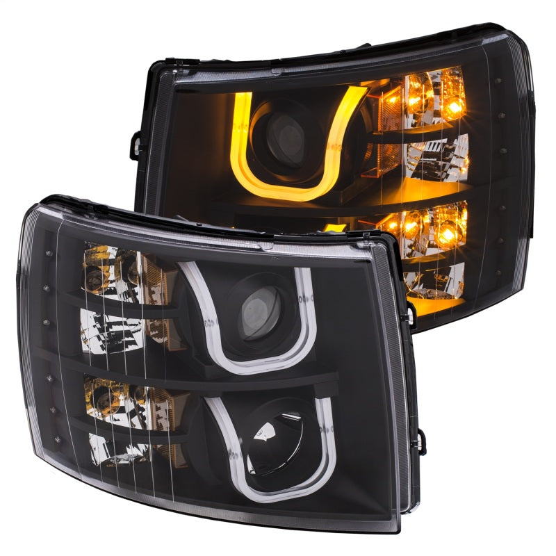 ANZO 2007-2013 Chevrolet Silverado 1500/2500 Projector Headlights w/ U-Bar Switchback Black w/ Amber - eliteracefab.com