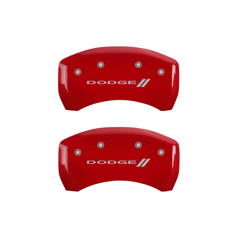 MGP 4 Caliper Covers Engraved Front & Rear With stripes/Dodge Red finish silver ch MGP