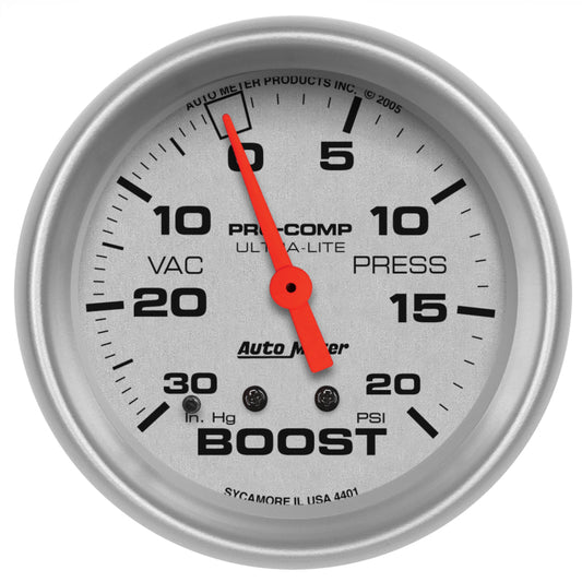 Autometer Ultra-Lite 66.7mm Full Sweep Electronic 30 IN Hg / 20 PSI Vacuum/Boost Gauge 4401