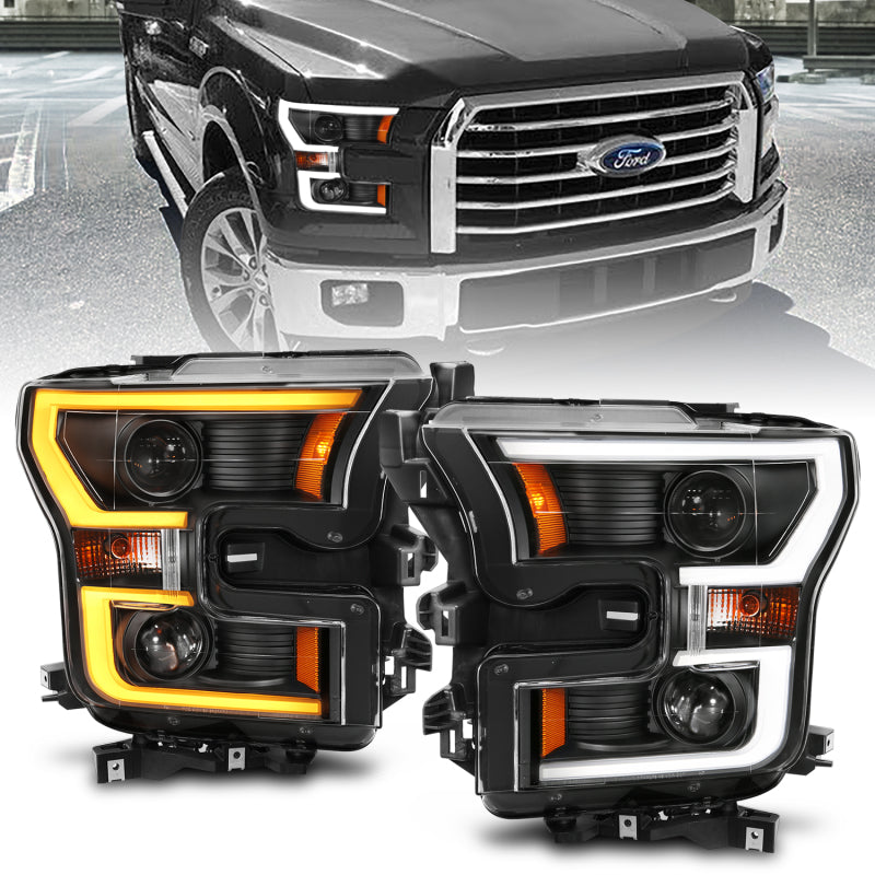 ANZO USA Ford F-150 Projector Headlights W/ Plank Style Switchback Black W/ Amber; 2015-2017 - eliteracefab.com