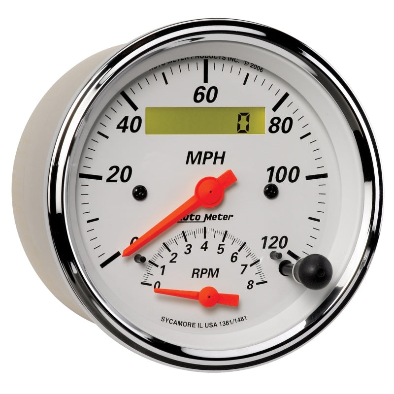 AutoMeter Gauge Tach/Speedo 3-3/8in. 120MPH & 8K RPM Elec. Program. Arctic White 1381