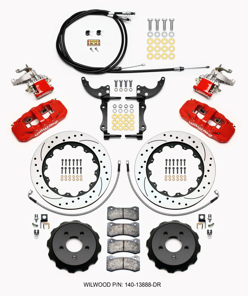 Wilwood AERO4 / MC4 Rear Kit 14.00 Drilled Red 2015-Up Mustang w/Lines & Cables - eliteracefab.com