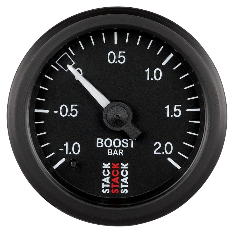 Autometer Stack 52mm -1 to +2 Bar T-Fitting 0.187in Barb (M) Mechanical Boost Pressure Gauge - Black ST3111