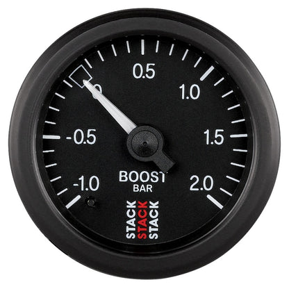 Autometer Stack 52mm -1 to +2 Bar T-Fitting 0.187in Barb (M) Mechanical Boost Pressure Gauge - Black ST3111
