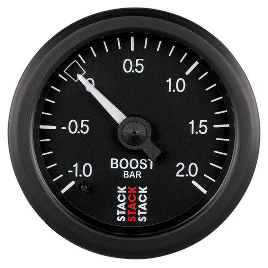 Autometer Stack 52mm -1 to +2 Bar T-Fitting 0.187in Barb (M) Mechanical Boost Pressure Gauge - Black ST3111