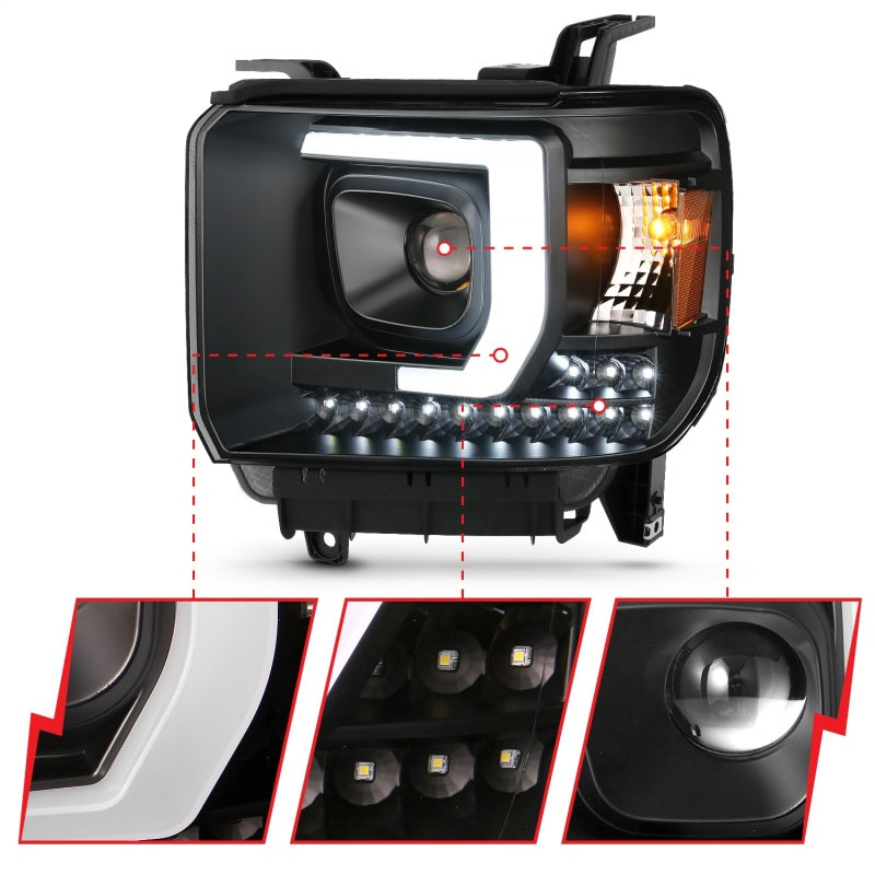 ANZO 2014-2015 Gmc Sierra 1500HD Projector Plank Style Headlight Black W/ Drl - eliteracefab.com