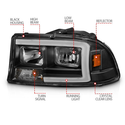 ANZO 97-04 Dodge Dakota/Durango Crystal headlight Set w/ Light Bar Black Housing - eliteracefab.com