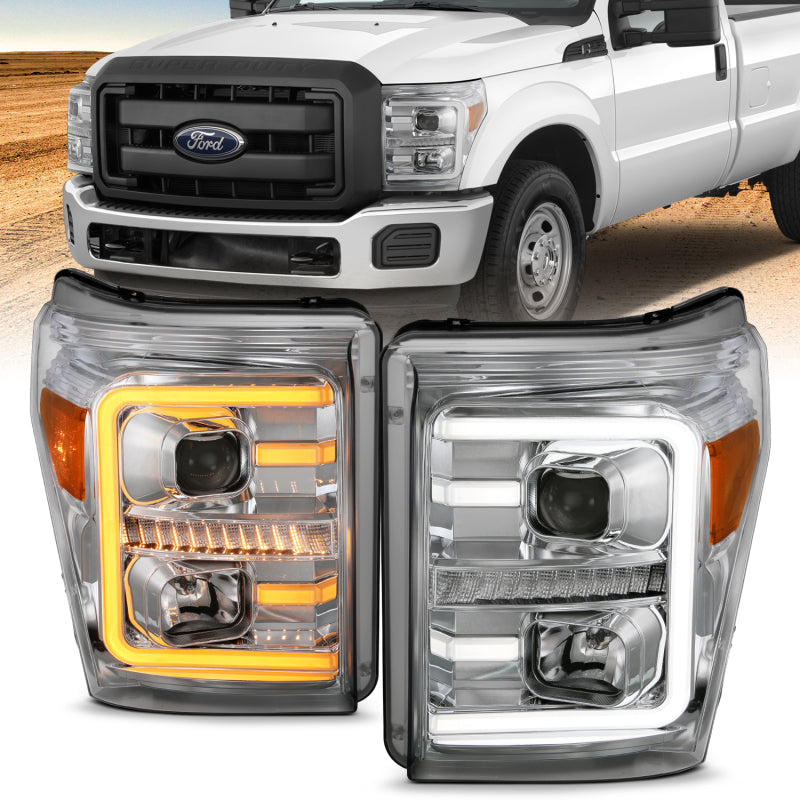 ANZO 11-16 Ford F-250/F-350/F-450 Projector Headlights w/ Plank Style Switchback Chrome w/Amber - eliteracefab.com