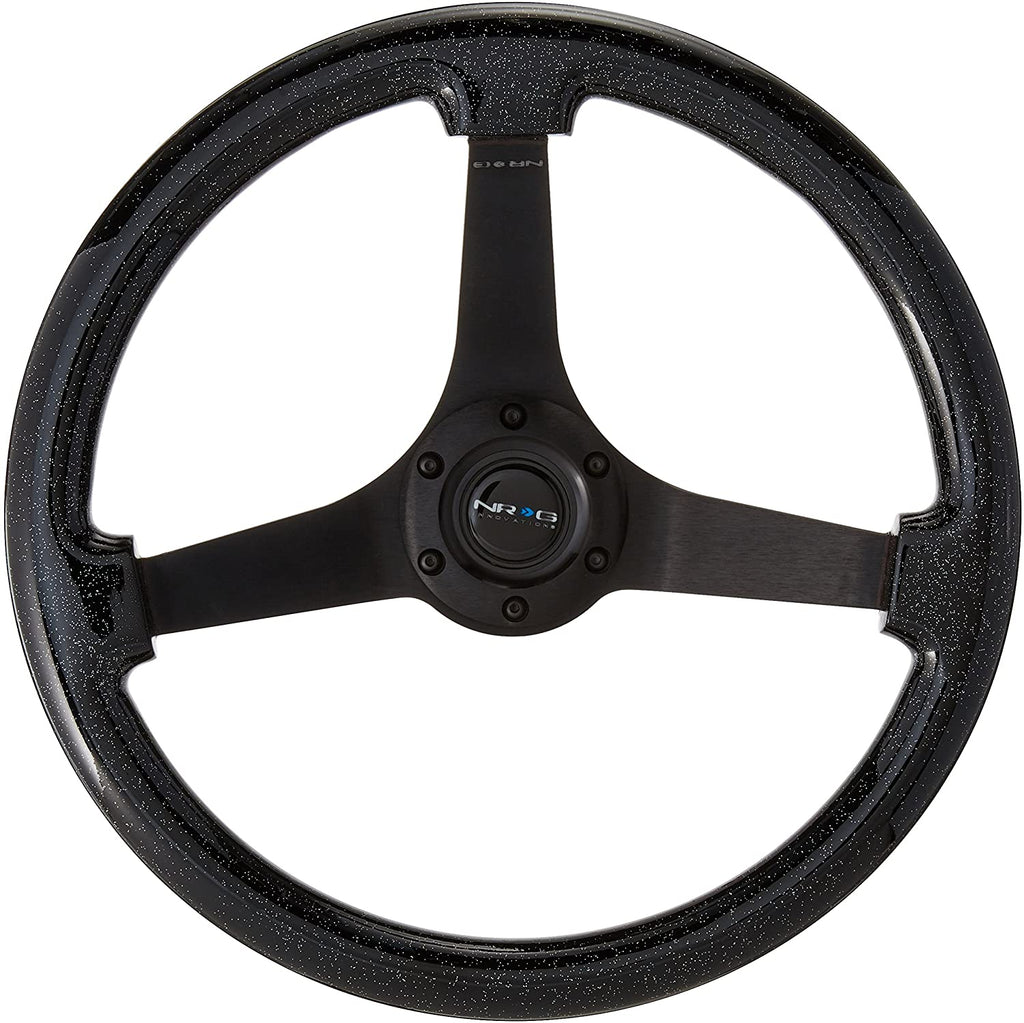 NRG Reinforced Steering Wheel (350mm / 3in. Deep) Blk Leather w/Blue Cutout Spoke & Single Yellow CM - eliteracefab.com