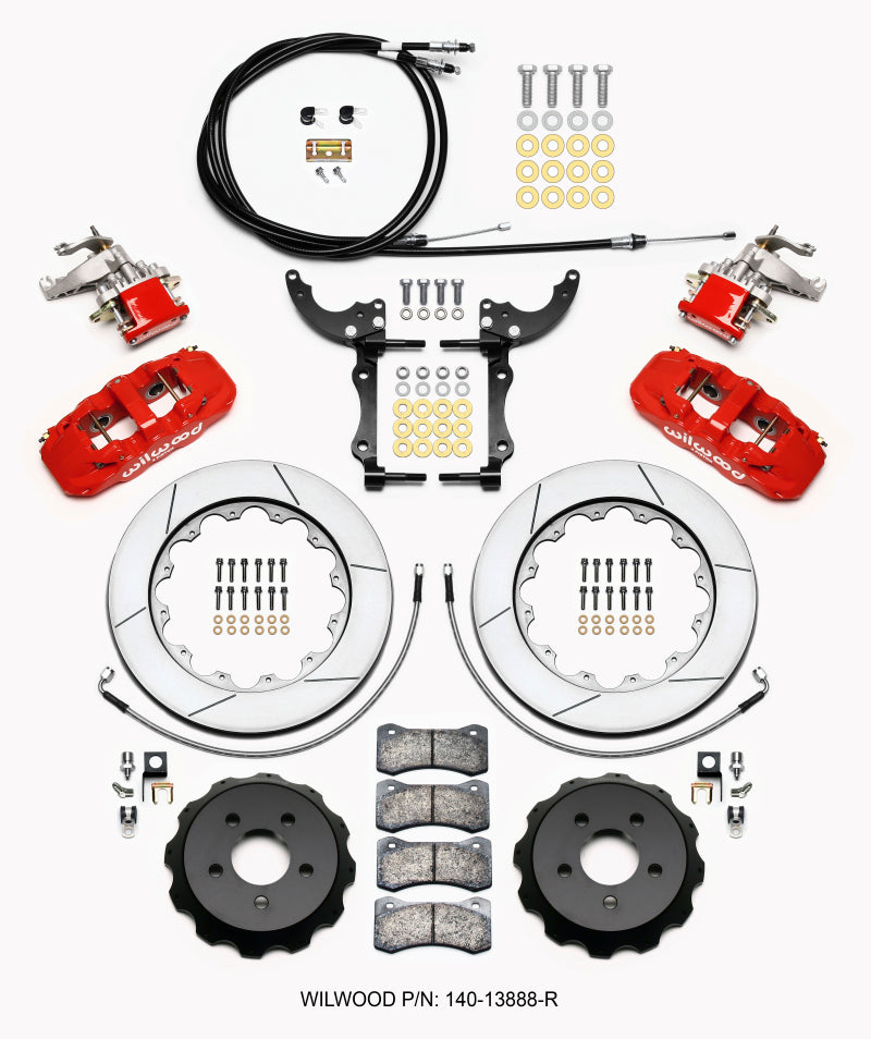 Wilwood AERO4 / MC4 Rear Kit 14.00 Red 2015-Up Mustang w/Lines & Cables - eliteracefab.com