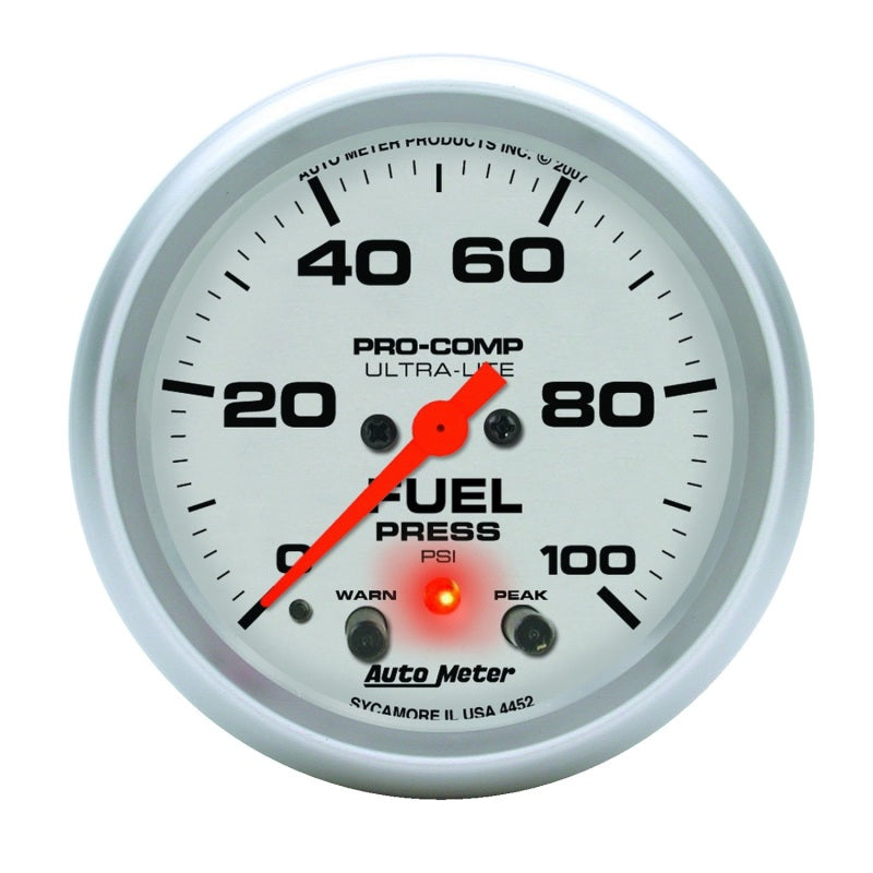Autometer Ultra-Lite 2-5/8in Full Sweep Elec 0-100 PSI Fuel Pressure w/ Peak Memory & Warning Gauge 4472