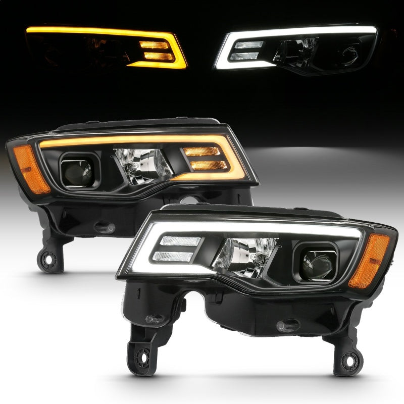 ANZO 2017-2018 Jeep Grand Cherokee Projector Headlights w/ Plank Style Switchback - Chrome w/ Amber - eliteracefab.com