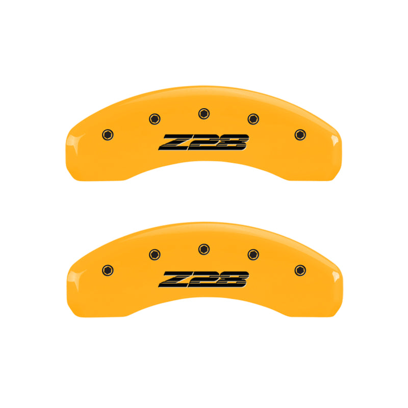 MGP 4 Caliper Covers Engraved Front Gen 5/Camaro Engraved Rear Gen 5/Z28 Yellow finish black ch MGP