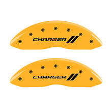 Load image into Gallery viewer, MGP 4 Caliper Covers Engraved Front &amp; Rear With stripes/Charger Yellow finish black ch MGP