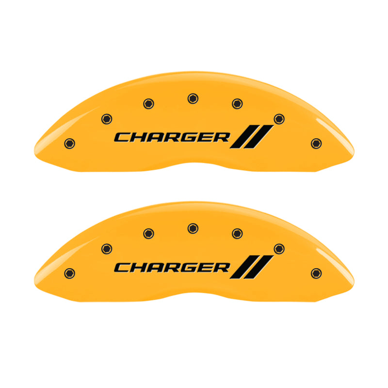 MGP 4 Caliper Covers Engraved Front & Rear With stripes/Charger Yellow finish black ch MGP