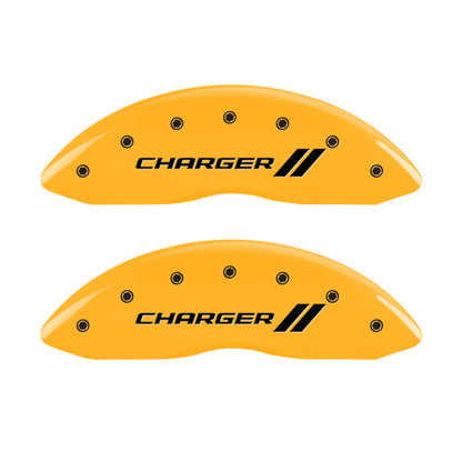 MGP 4 Caliper Covers Engraved Front & Rear With stripes/Charger Yellow finish black ch MGP