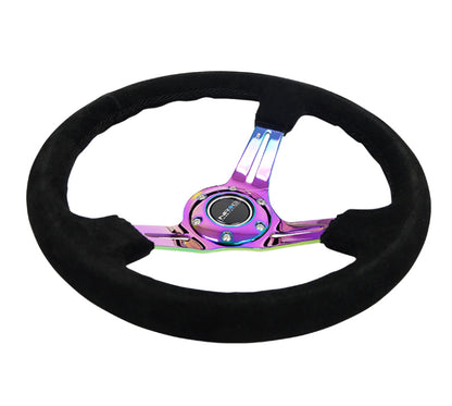 NRG Reinforced Sport Steering Wheel 350mm Suede 3 Inch Deep Black Stitch NeoChrome Slits - eliteracefab.com