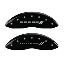 Load image into Gallery viewer, MGP 4 Caliper Covers Engraved Front &amp; Rear With stripes/Dodge Black finish silver ch MGP