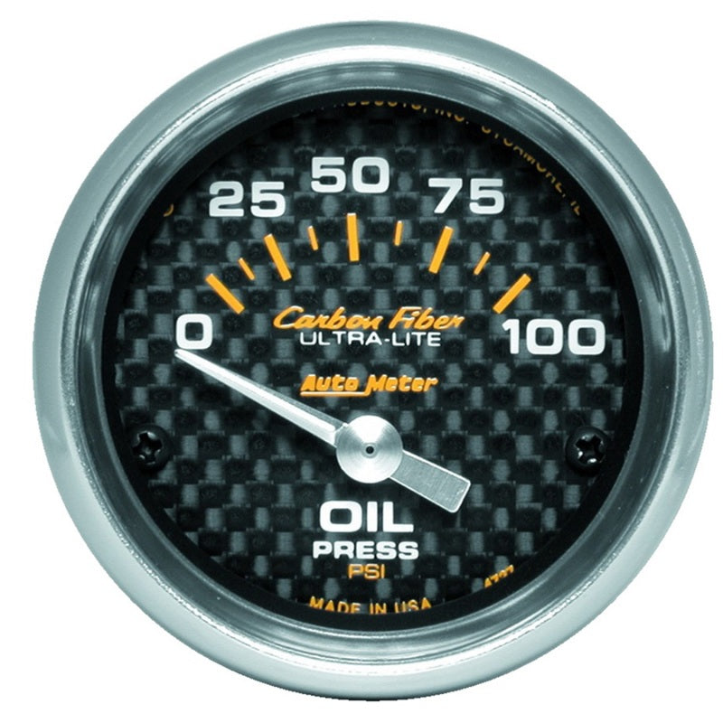 AutoMeter GAUGE; OIL PRESSURE; 2 1/16in.; 100PSI; ELECTRIC; CARBON FIBER - eliteracefab.com