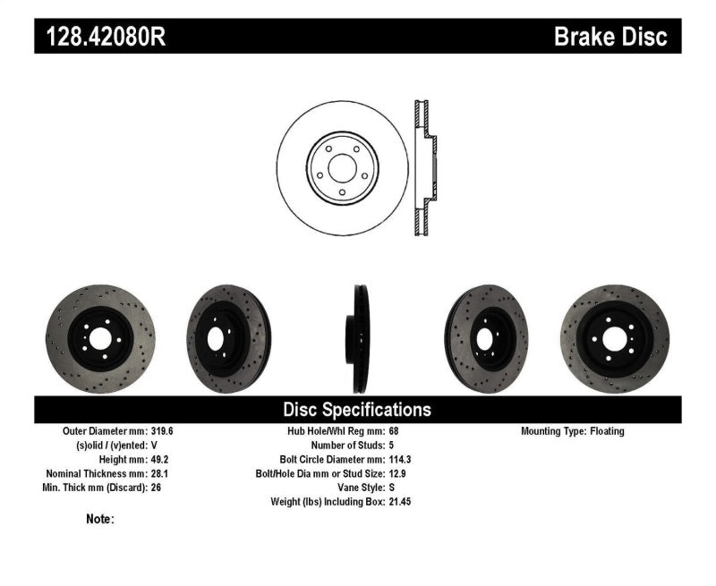 STOPTECH 08-09 INFINITI EX35 / 05-08 G35 / 09 G37 / 06-09 M35/M45 DRILLED RIGHT FRONT ROTOR, 128.42080R - eliteracefab.com