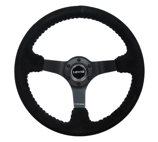 NRG Innovations 350mm Reinforced Solid-Spoke Steering Wheel - Suede - Matte Black Spokes - Silver Baseball Stitch – RST-036MB-S-SL