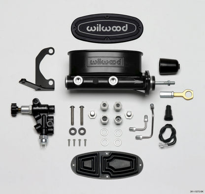 Wilwood HV Tandem M/C Kit w L/H Bracket & Prop Valve - 7/8in Bore Black-W/Push. - Early Mustang - eliteracefab.com