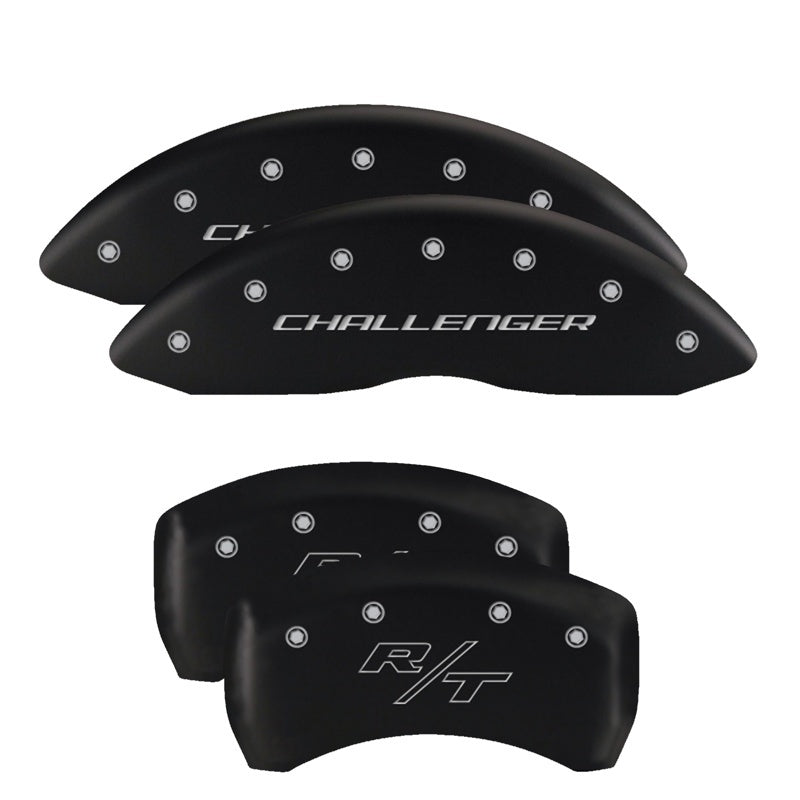 MGP 4 Caliper Covers Engraved Front Cursive/Challenger Engraved Rear RT Black finish silver ch MGP