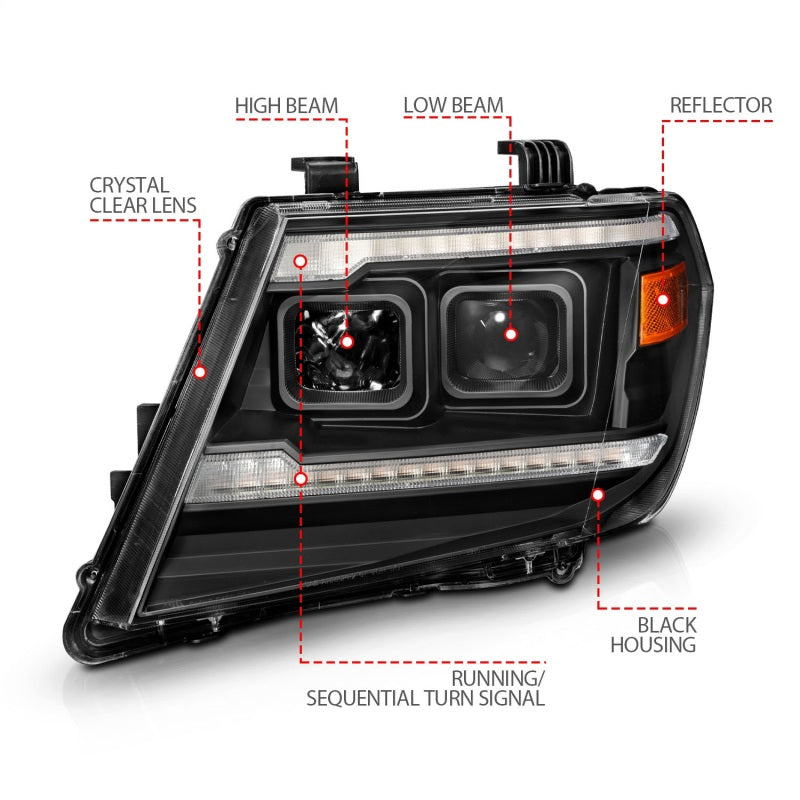 ANZO 09-20 Nissan Frontier Black Projector Plank Style DRL w/ Switchback & Sequential LED DRL ANZO