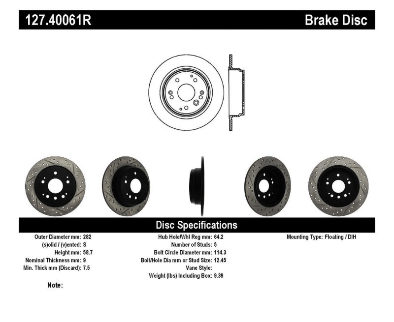 StopTech 04-08 Acura TL / 03-09 honda Element Slotted & Drilled Right Rear Rotor - eliteracefab.com