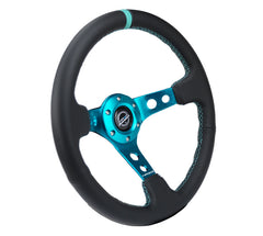 NRG Reinforce Steering Wheel (350mm / 3in. Deep) Blk Leather, Teal Center Mark w/ Teal Stitching - eliteracefab.com
