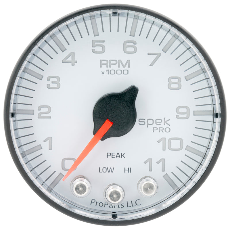 Autometer Spek-Pro Gauge Tach 2 1/16in 11K Rpm W/ Shift Light & Peak Mem Wht/Blk