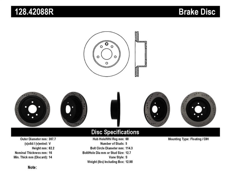 STOPTECH 08-09 INFINITI EX35 / 05-08 G35 / 09 G37 / 06-09 M35/M45 DRILLED RIGHT REAR ROTOR, 128.42088R - eliteracefab.com