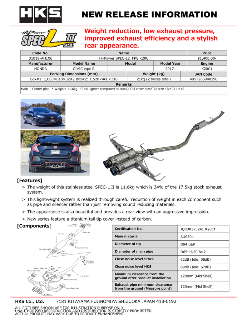 HKS Hi-Power SPEC-L2 Honda Civic Type R 2017-2020 - eliteracefab.com