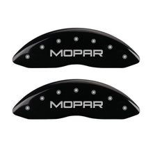 Load image into Gallery viewer, MGP 4 Caliper Covers Engraved Front &amp; Rear MOPAR Black finish silver ch MGP