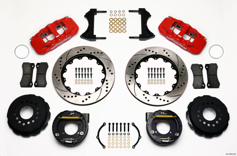 Wilwood AERO4 Rear P-Brake Kit 14.00in Drill Red Ford 8.8 w/2.5in Offset-5 Lug Wilwood