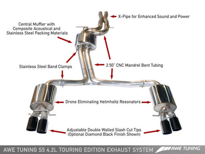 AWE Tuning Audi B8 S5 4.2L Touring Edition Exhaust System - Diamond Black Tips AWE Tuning