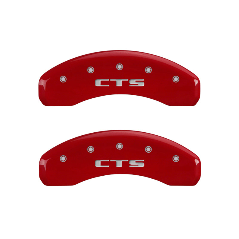 MGP 4 Caliper Covers Engraved Front Cursive/Cadillac Engraved Rear CTS Red finish silver ch MGP