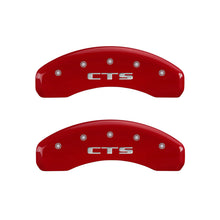 Load image into Gallery viewer, MGP 4 Caliper Covers Engraved Front Cursive/Cadillac Engraved Rear CTS Red finish silver ch - eliteracefab.com