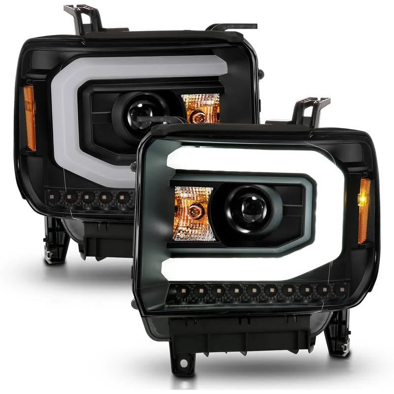 ANZO 2014-2015 GMC Sierra 1500 Projector Headlights w/ Light Bar Black Housing (Halogen Type) - eliteracefab.com