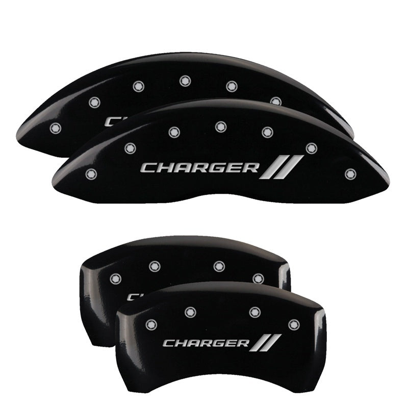 MGP 4 Caliper Covers Engraved Front & Rear With stripes/Charger Black finish silver ch MGP