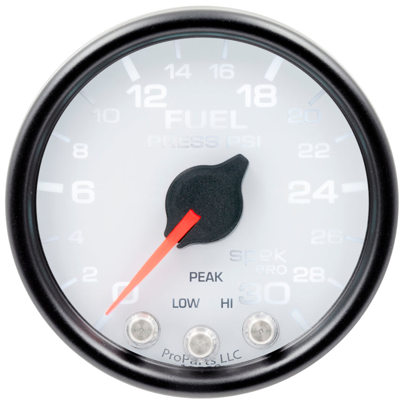 Autometer Spek-Pro Gauge Fuel Press 2 1/16in 30psi Stepper Motor W/Peak & Warn Wht/Blk P31612