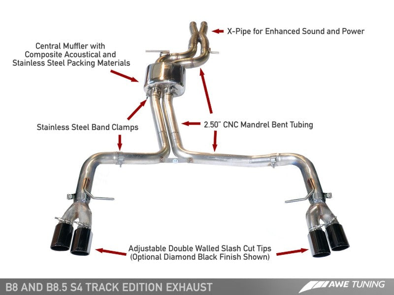 AWE Tuning Audi B8 / B8.5 S4 3.0T Track Edition Exhaust - Chrome Silver Tips (90mm) - eliteracefab.com