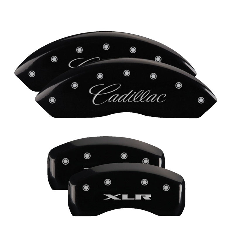 MGP 4 Caliper Covers Engraved Front Cursive/Cadillac Engraved Rear XLR Black finish silver ch MGP