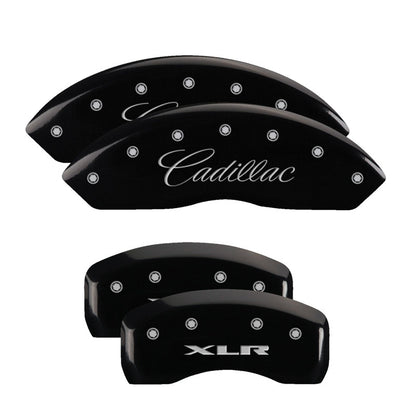 MGP 4 Caliper Covers Engraved Front Cursive/Cadillac Engraved Rear XLR Black finish silver ch MGP