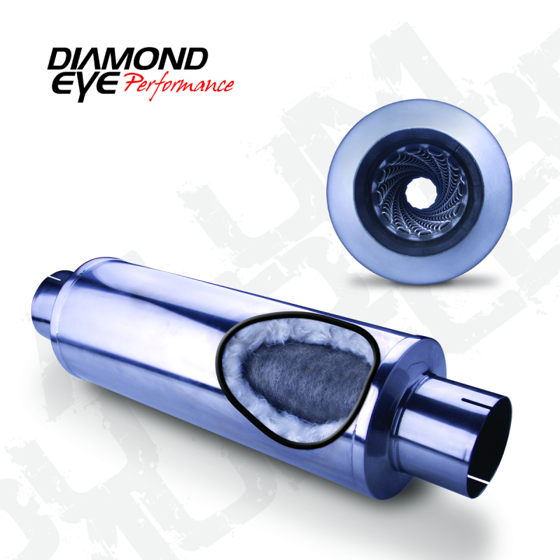 Diamond Eye MFLR 4inID SGL IN/SGL OUT 7inDIA X 24in BODY 30in LENGTH LOUVERED SLOTTED ENDS 409 SS Diamond Eye Performance