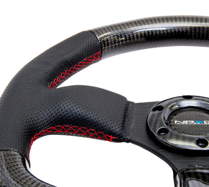 NRG Carbon Fiber Steering Wheel (320mm) Flat Bottom & Leather Trim w/Red Stitching - ST-009CFRS